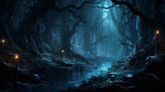 夜晚宁静的黑暗森林图片