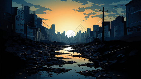沟渠黄昏时城市的景观插画