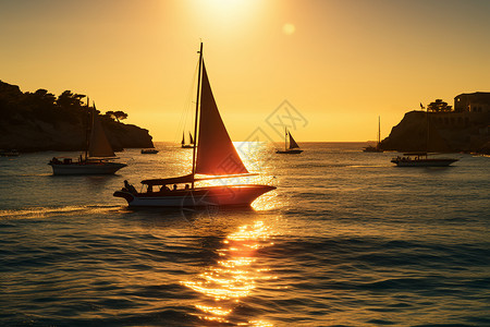 日落时海洋中的帆船图片