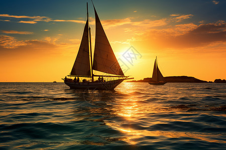 日落时出海游玩的帆船图片