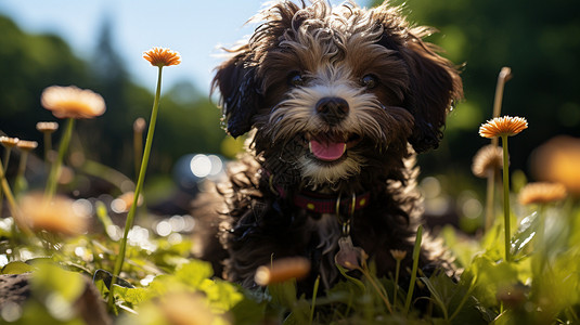 夏天草地上的可爱狗狗图片