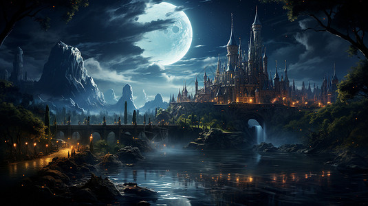 夜晚梦幻的欧式复古城堡背景图片