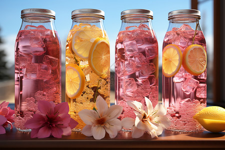 粉色汽水窗边的水果花瓶设计图片