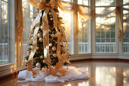 丝带装饰的圣诞树背景图片