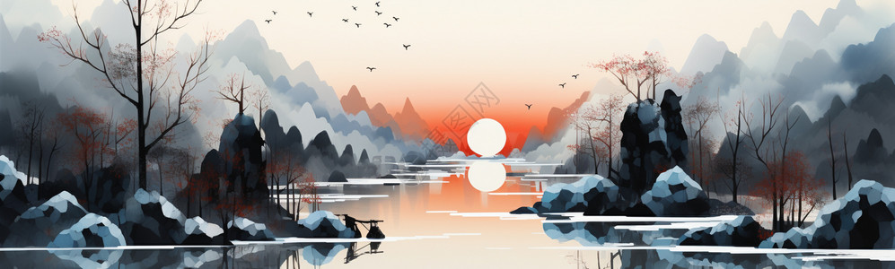 日落西山的风景画背景图片
