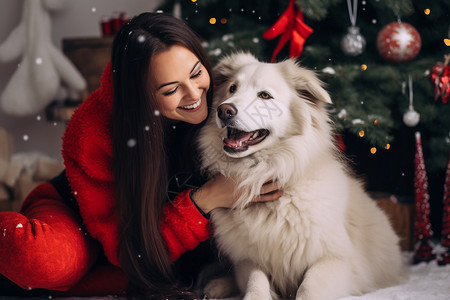 漂亮圣诞树冬天抱着宠物的女孩背景