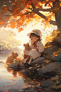秋天河边的小女孩图片