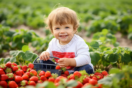 地里摘草莓的小孩高清图片