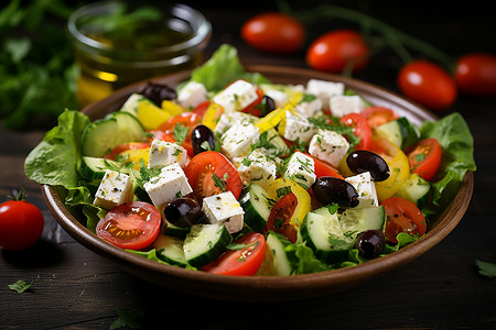 地中海食物色彩缤纷的地中海沙拉背景