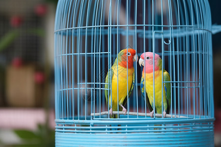 鲜艳的羽毛鸟儿被困在蓝色的笼子里背景