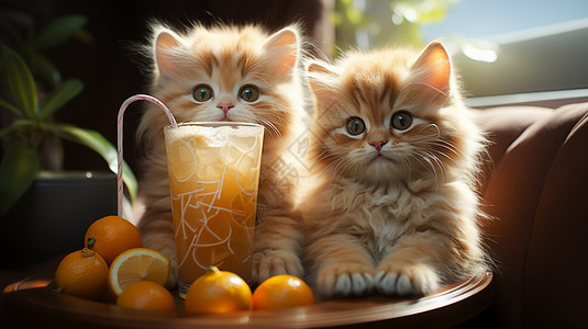 小橘猫在喝奶茶高清图片