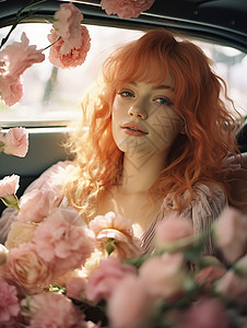 女孩坐在充满花朵的车里背景图片