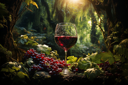 水晶酒杯森林里的一杯红酒背景