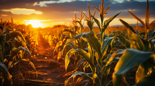 日出太阳下的玉米地高清图片