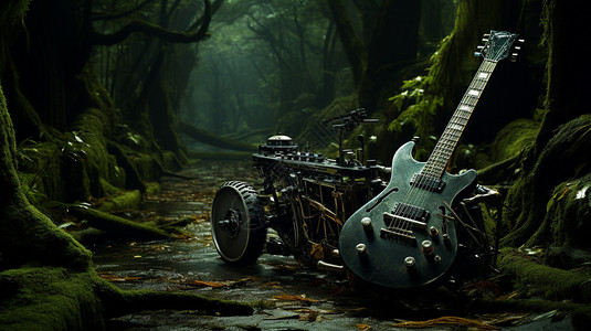 音乐休闲树林里的电吉他设计图片
