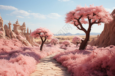 樱花小路粉彩色调植物设计图片