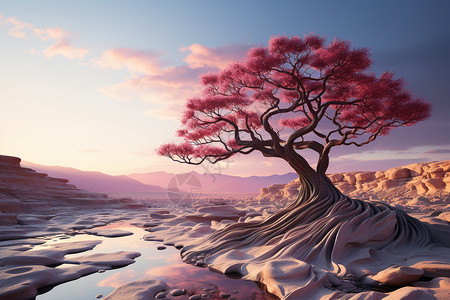 水上雅丹地貌粉彩色调的树木设计图片
