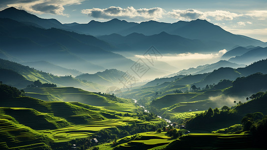 山峰下的稻田背景图片