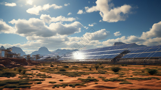 太阳能光伏电站沙漠中太阳能电池板背景