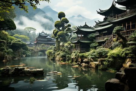 中国花园景观背景图片
