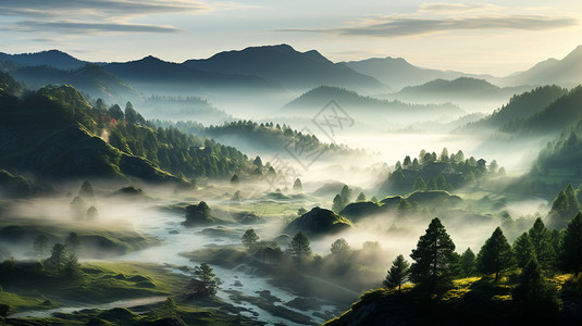 森林流水薄雾笼罩的山谷插画
