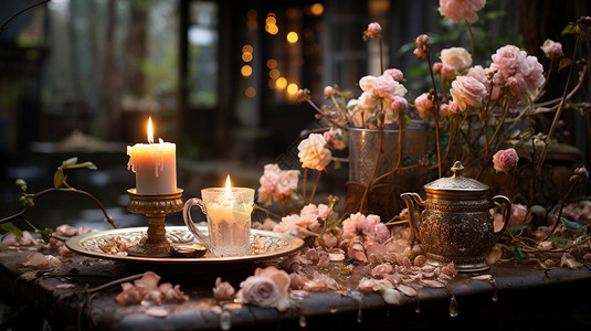 桌子上的鲜花蜡烛图片