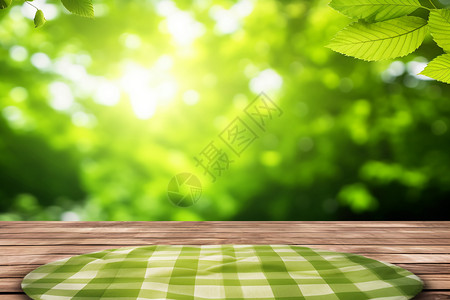 格子太阳素材木板上有一块绿色格子布料背景