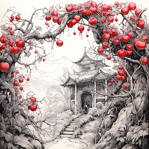 苹果林的素描绘画插画