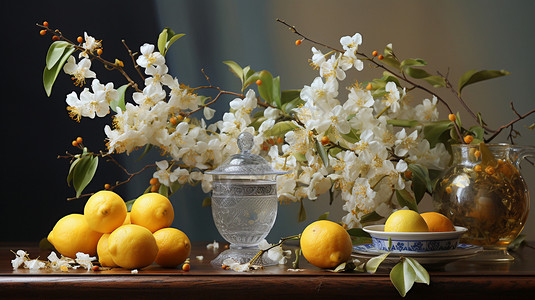 桌子上的柠檬和茉莉花背景图片