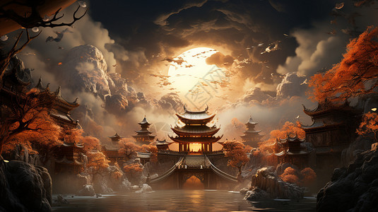 梦幻的天庭宫殿背景图片