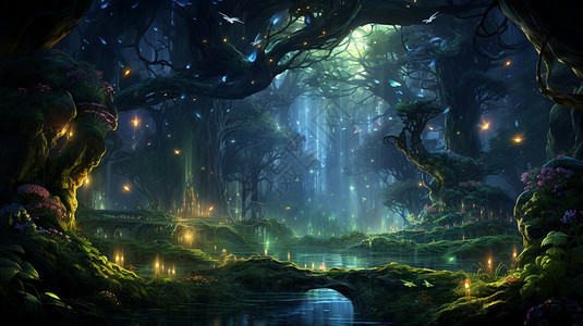 灌木丛树林神秘的萤火虫森林插画