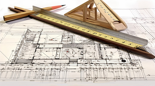 建筑师手拿尺子卷尺在房屋图纸上设计图片