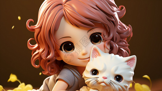 3D小猫和女孩卡通肖像图片