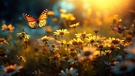 夏日的蝴蝶停在花朵上图片