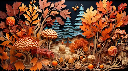 树叶装饰画秋天景色纸雕背景