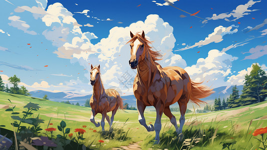 草原奔跑的马插画背景图片