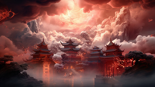 幻想的天上宫殿背景图片