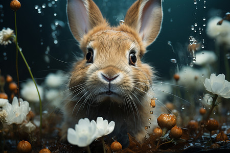 拿花朵小兔子可爱野兔特写设计图片