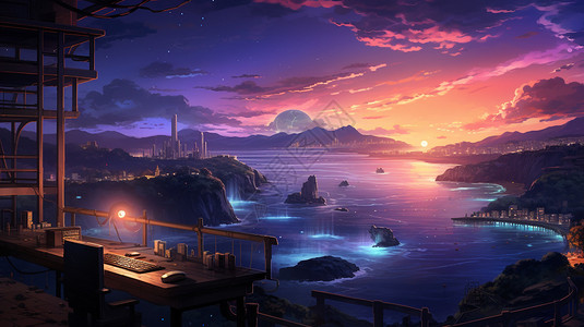 海景夜景美丽的海景插画