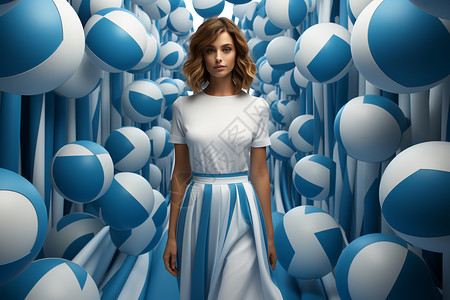 蓝色球立体舞台3D奇观世界中的唯美女子背景