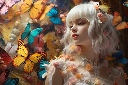 蝴蝶和女孩白发女孩的艺术魅力背景