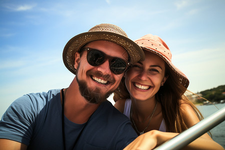 情侣乘船水晶球夏季海上度假出行的情侣背景