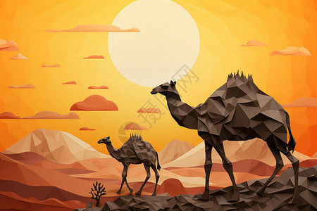 旭日下的沙漠骆驼背景图片