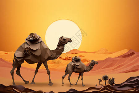 沙漠中骆驼创意插图图片