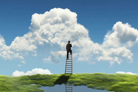 男子在跳跃站在梯子上思考的男子设计图片