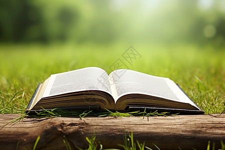 户外草地上翻开的书籍背景图片