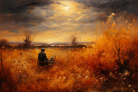 秋天金色田野中的男人背景图片