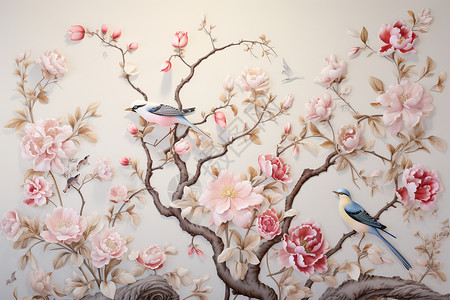 中式墙素材中式水墨花鸟创意插图插画