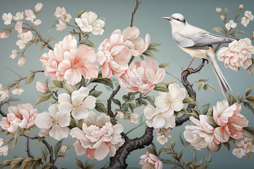 传统中式花卉鸟类插图图片