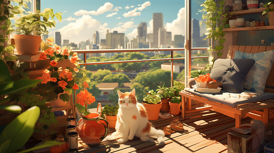 阳台躺椅晒太阳的小猫插画